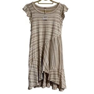Free People Tan White Striped Ruffle Mini Dress OB1090504 Boho Cap Sleeve M